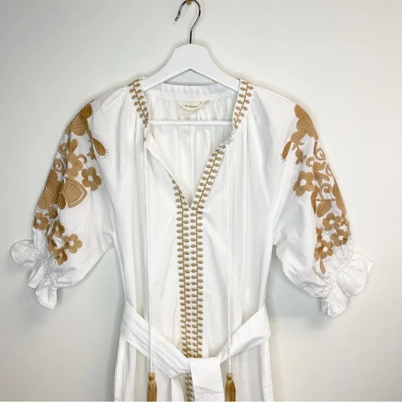 Julia Amory Short Sleeve Coatue Caftan Camel Embroidered Midi Dress - Picture 4 of 11